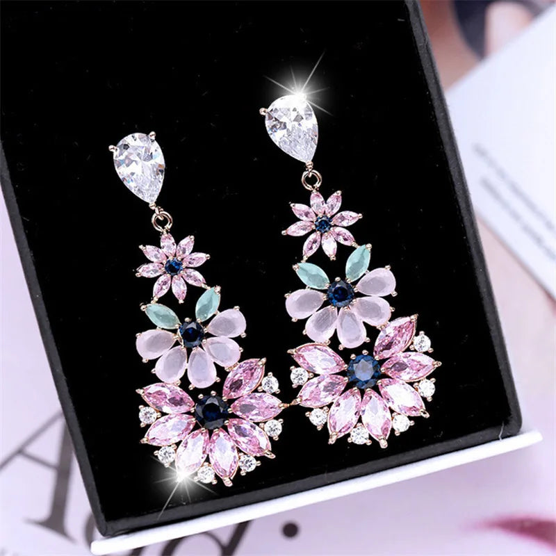 Fashion Bohemia Fancy Pink Crystal Flower Dangle Earrings for Women Luxury Silver Color Drops Earrings Rococo Style Jewelry