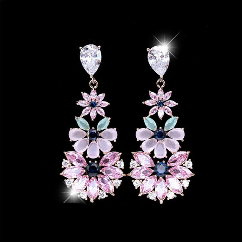 Fashion Bohemia Fancy Pink Crystal Flower Dangle Earrings for Women Luxury Silver Color Drops Earrings Rococo Style Jewelry