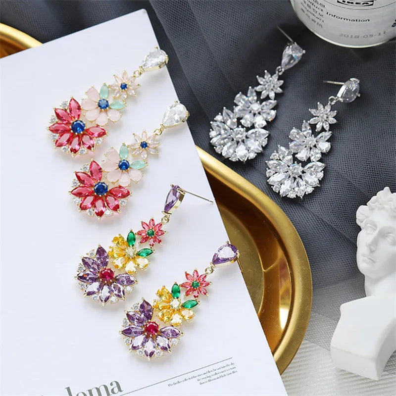Fashion Bohemia Fancy Pink Crystal Flower Dangle Earrings for Women Luxury Silver Color Drops Earrings Rococo Style Jewelry