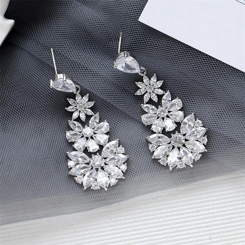 Fashion Bohemia Fancy Pink Crystal Flower Dangle Earrings for Women Luxury Silver Color Drops Earrings Rococo Style Jewelry