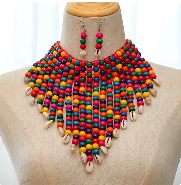 Handmade African Fashion Jewelry Costume Earrings Set Chunky Necklaces for Women Multi Strand Colorful Bead Layered Necklace Set