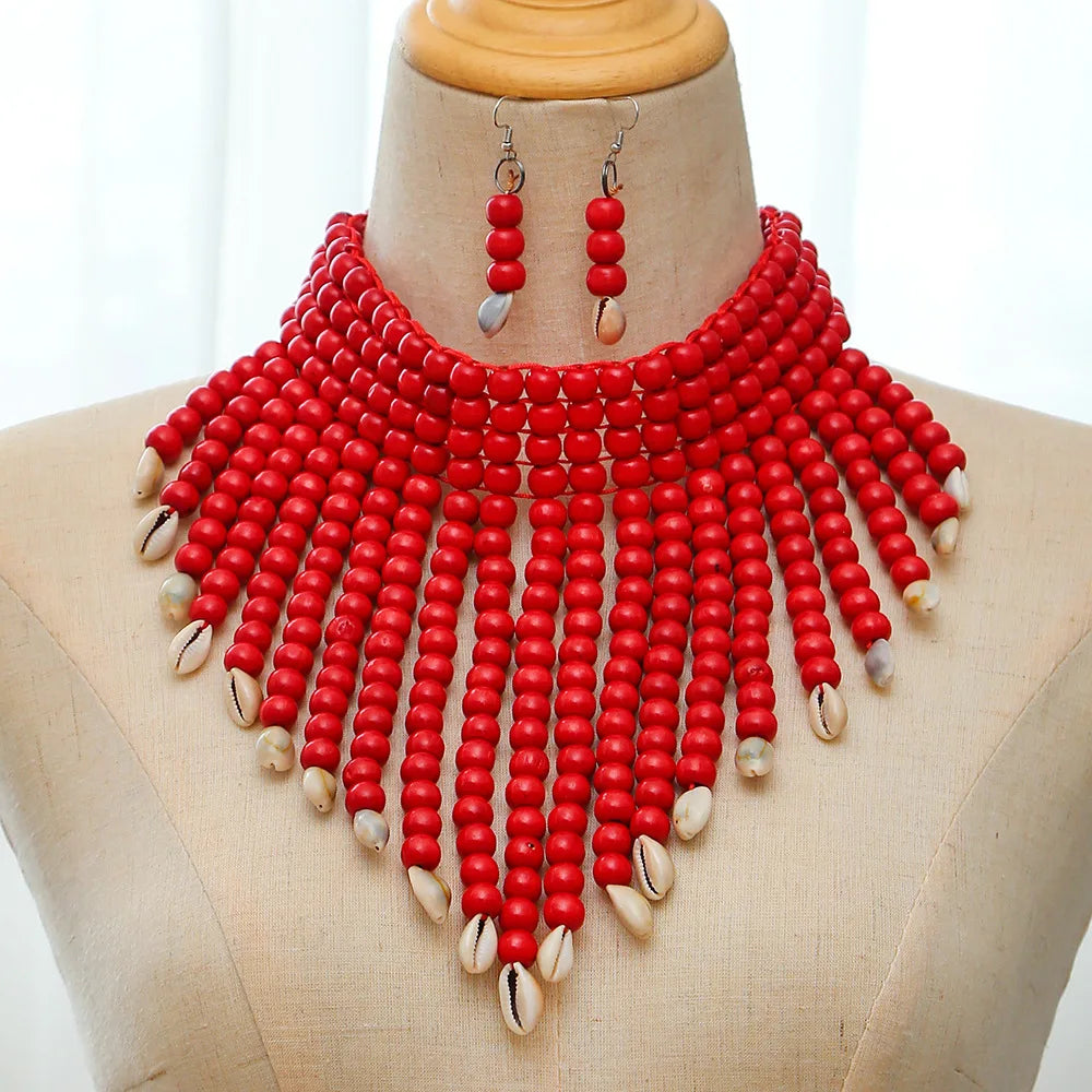 Handmade African Fashion Jewelry Costume Earrings Set Chunky Necklaces for Women Multi Strand Colorful Bead Layered Necklace Set