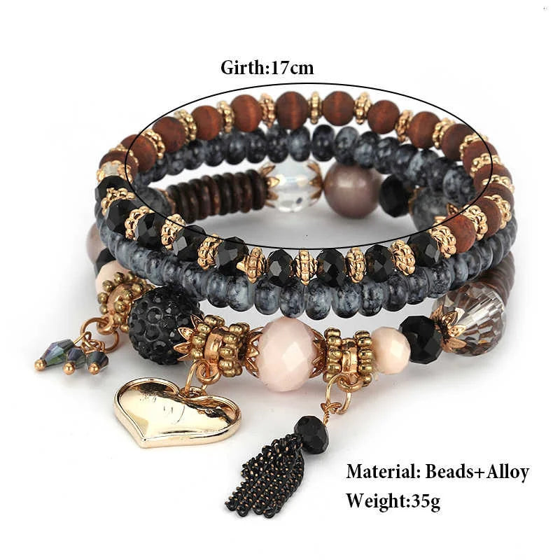 Boho Bead Bracelets & Bangles For Women Fashion Heart Crystal Bracelet Femme Multilayer Tassel Pendant Bijoux Wristband Jewelry