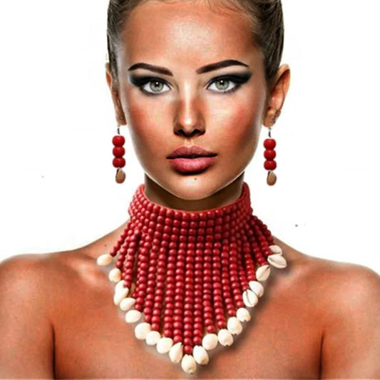 Handmade African Fashion Jewelry Costume Earrings Set Chunky Necklaces for Women Multi Strand Colorful Bead Layered Necklace Set