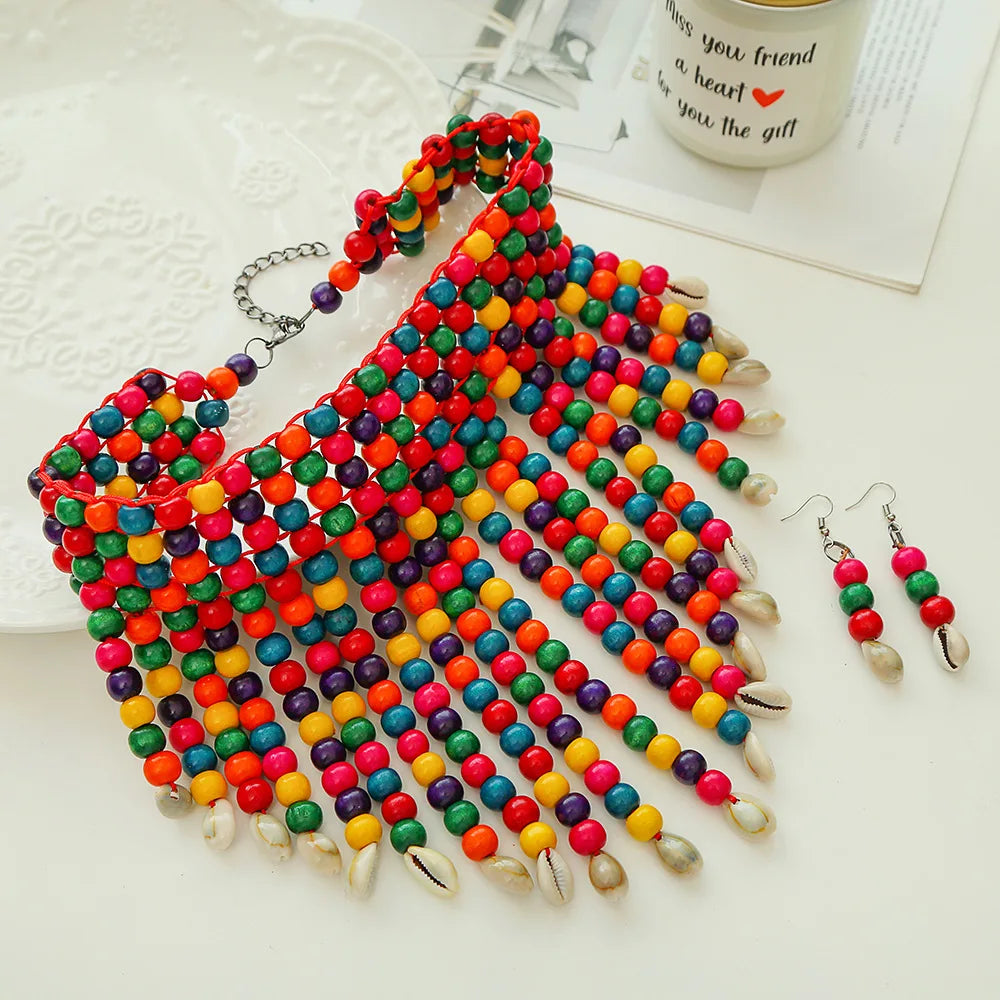 Handmade African Fashion Jewelry Costume Earrings Set Chunky Necklaces for Women Multi Strand Colorful Bead Layered Necklace Set