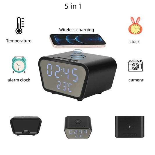 Alarm Clock Camera | WiFi, Wireless Charger, Baby Monitor, 4K Camera, Motion Detection, Recording, Remote Viewing, Home Security