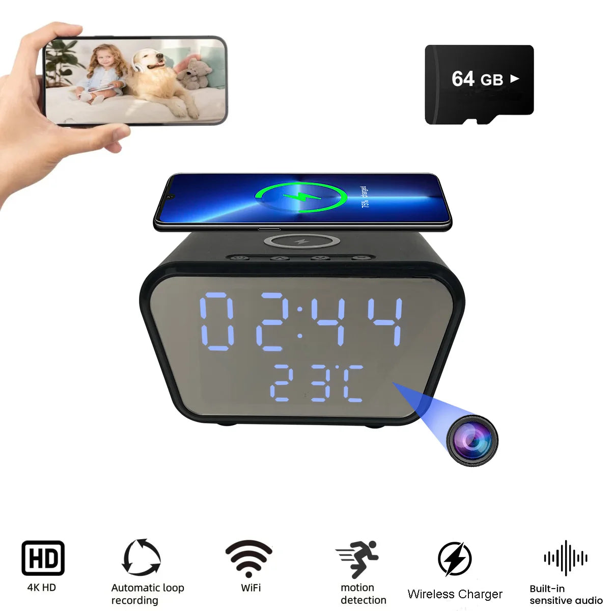 Alarm Clock Camera | WiFi, Wireless Charger, Baby Monitor, 4K Camera, Motion Detection, Recording, Remote Viewing, Home Security
