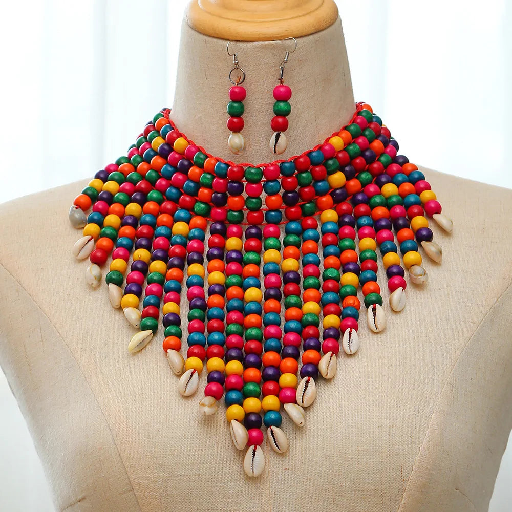 Handmade African Fashion Jewelry Costume Earrings Set Chunky Necklaces for Women Multi Strand Colorful Bead Layered Necklace Set
