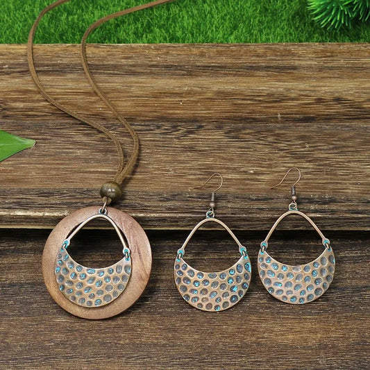 Vintage Wooden Alloy Pendant Necklace/earrings Set Bohemian Party Jewelry Sets for Women Sweater Chain Bijoux Femme