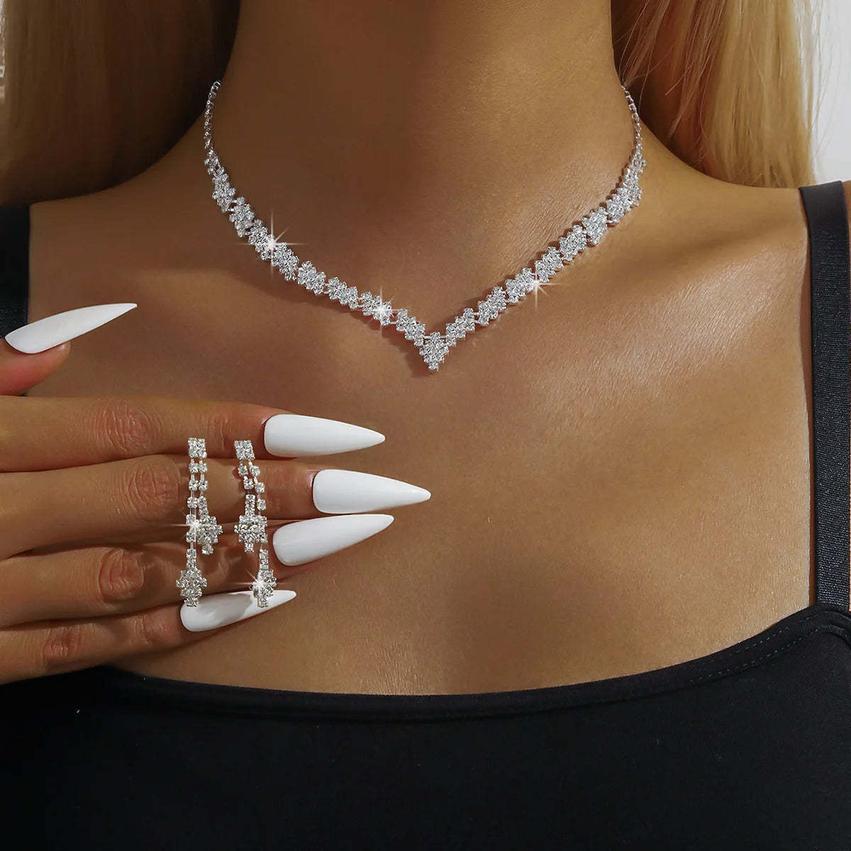 Fashionable silver plated rhinestone folding tassel earrings necklace, wedding jewelry gift, fashionable style