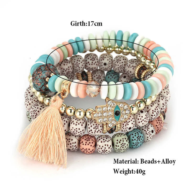 Boho Bead Bracelets & Bangles For Women Fashion Heart Crystal Bracelet Femme Multilayer Tassel Pendant Bijoux Wristband Jewelry