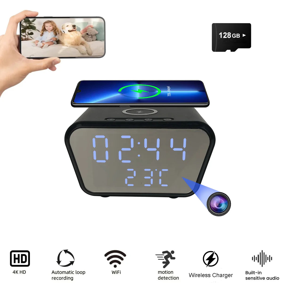Alarm Clock Camera | WiFi, Wireless Charger, Baby Monitor, 4K Camera, Motion Detection, Recording, Remote Viewing, Home Security