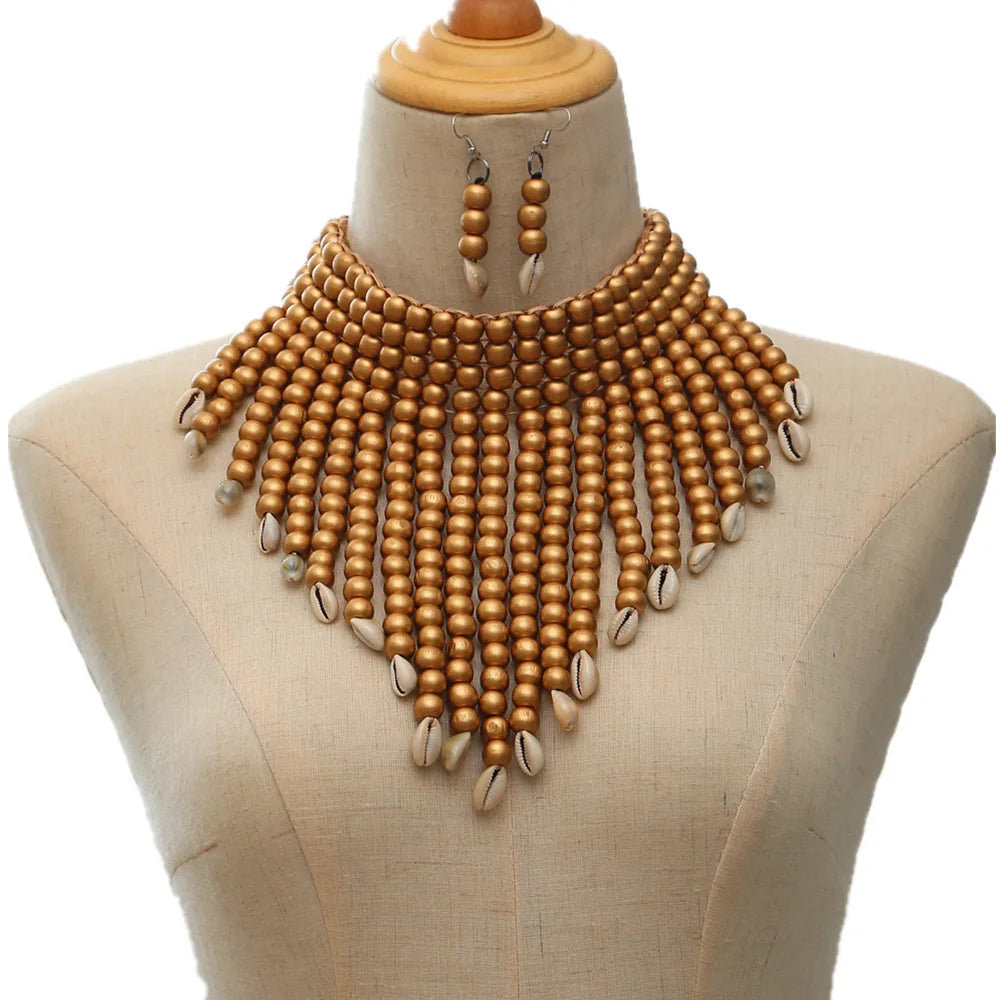 Handmade African Fashion Jewelry Costume Earrings Set Chunky Necklaces for Women Multi Strand Colorful Bead Layered Necklace Set