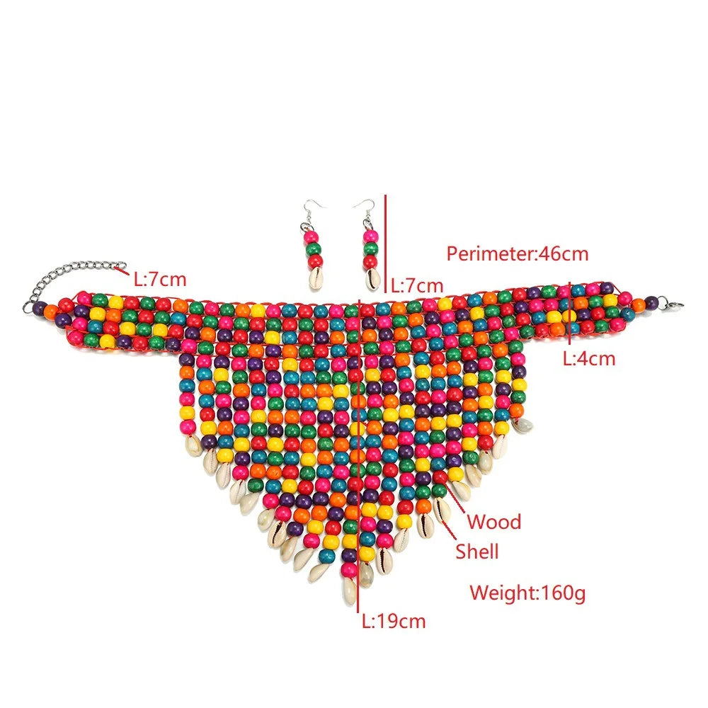 Handmade African Fashion Jewelry Costume Earrings Set Chunky Necklaces for Women Multi Strand Colorful Bead Layered Necklace Set