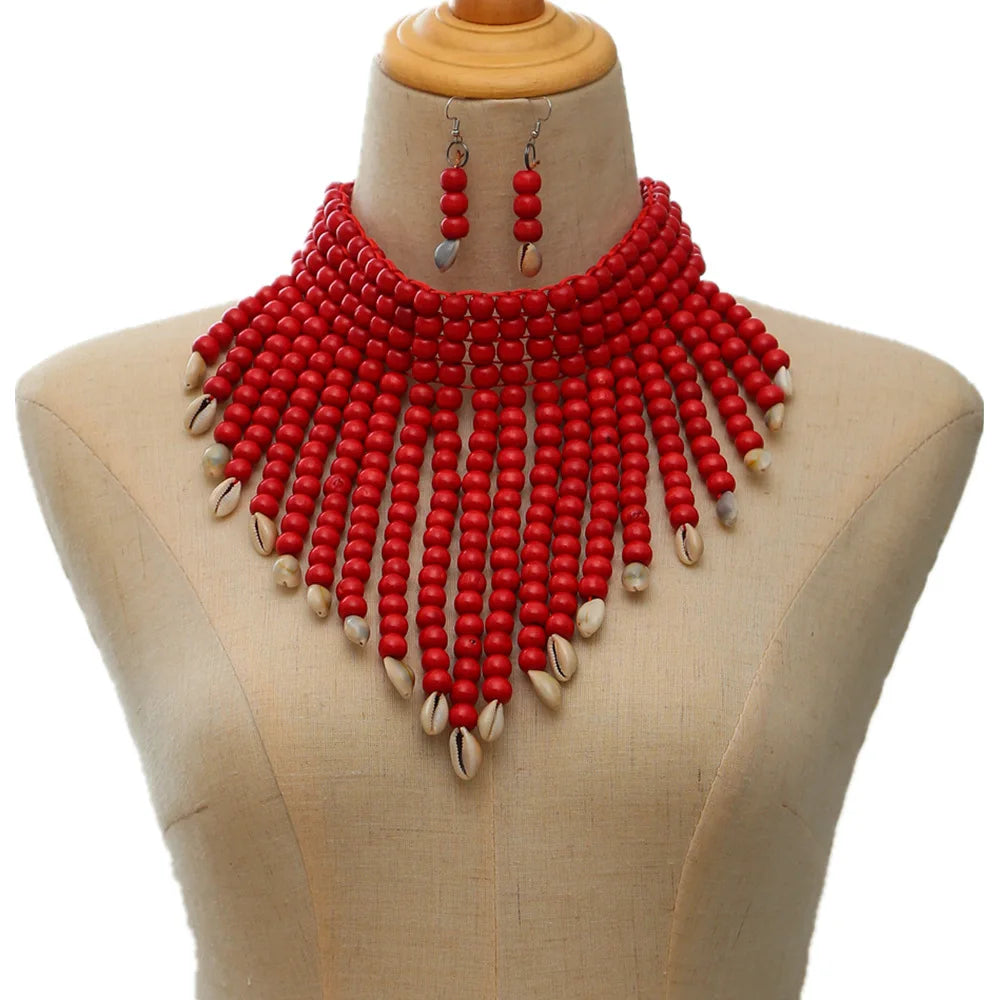 Handmade African Fashion Jewelry Costume Earrings Set Chunky Necklaces for Women Multi Strand Colorful Bead Layered Necklace Set