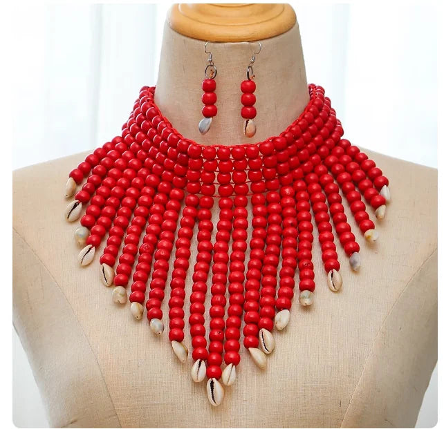 Handmade African Fashion Jewelry Costume Earrings Set Chunky Necklaces for Women Multi Strand Colorful Bead Layered Necklace Set
