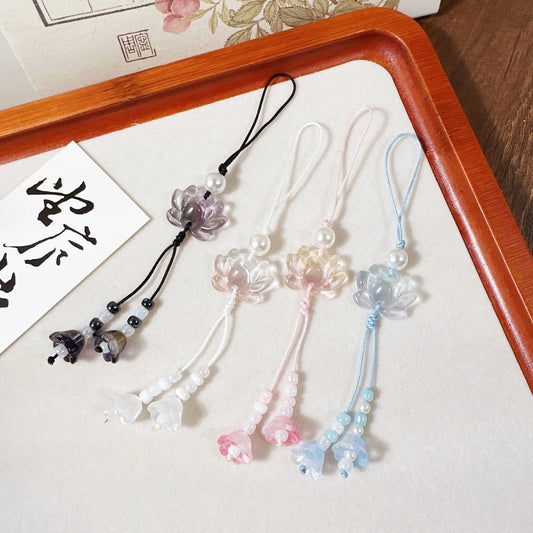 New Chinese-style Handmade Beaded Lotus Pendant Key Chains Mobile Phone Chain for Women Men Ethnic Charm Jewelry Accessory Gift