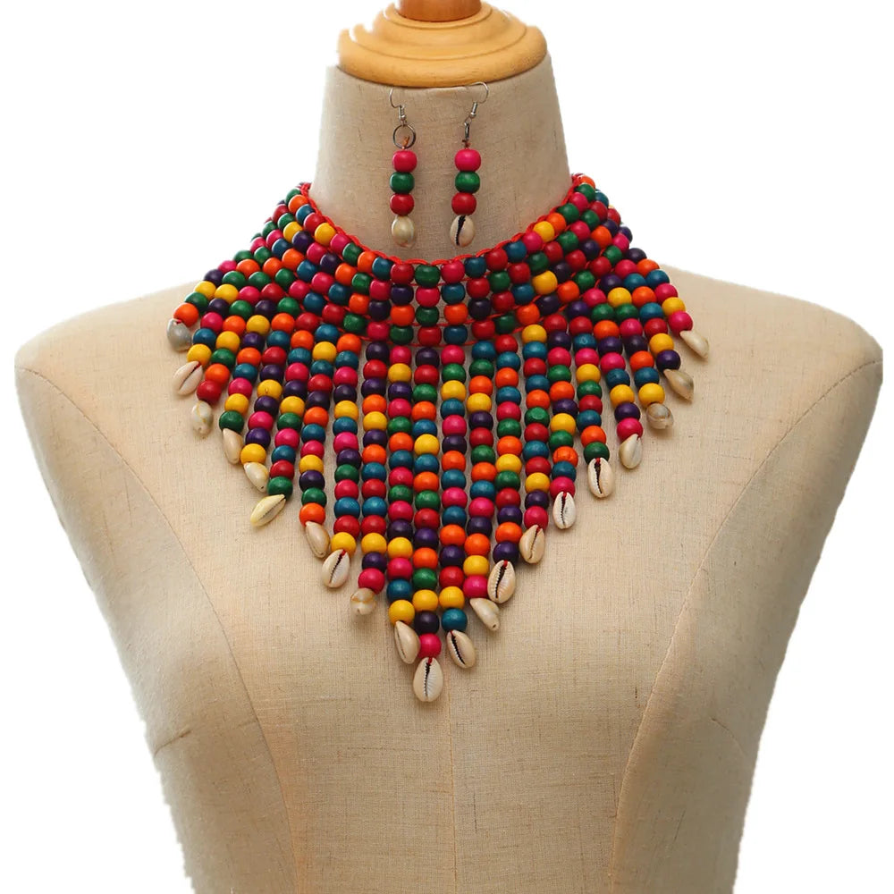 Handmade African Fashion Jewelry Costume Earrings Set Chunky Necklaces for Women Multi Strand Colorful Bead Layered Necklace Set
