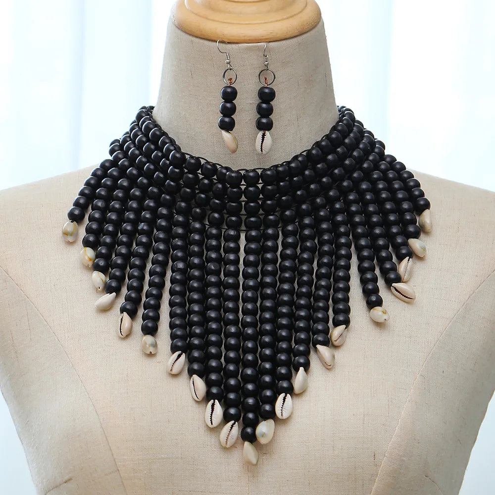 Handmade African Fashion Jewelry Costume Earrings Set Chunky Necklaces for Women Multi Strand Colorful Bead Layered Necklace Set