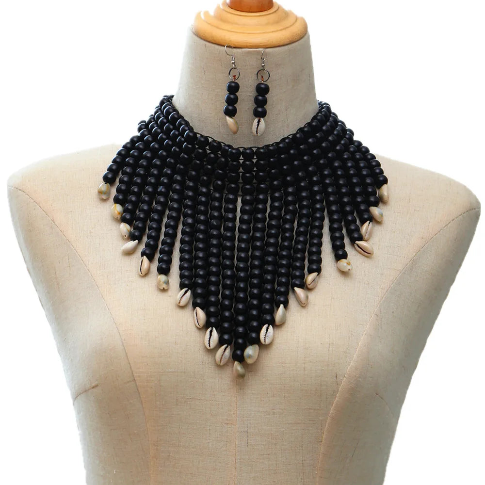 Handmade African Fashion Jewelry Costume Earrings Set Chunky Necklaces for Women Multi Strand Colorful Bead Layered Necklace Set