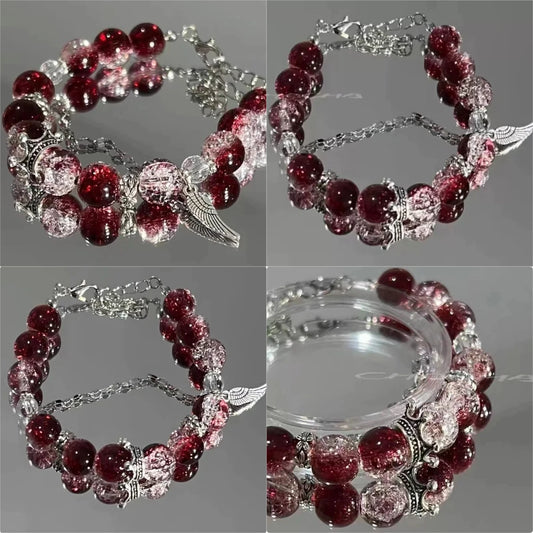 Creative Personalized Beaded Bracelet Red Crystal Feather Pendant Bracelet New Women Vintage Elastic Beaded Chain Accessories