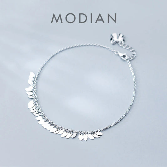 Modian Genuine 925 Sterling Silver Oval Light Tassel Anklet  for Women Fashion Bracelet Foot Chain Fine Jewelry Accessories