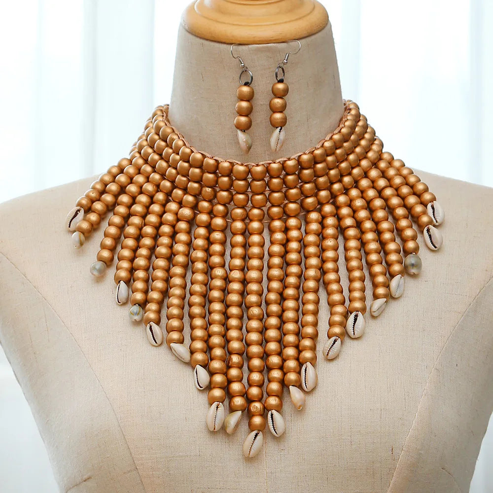 Handmade African Fashion Jewelry Costume Earrings Set Chunky Necklaces for Women Multi Strand Colorful Bead Layered Necklace Set